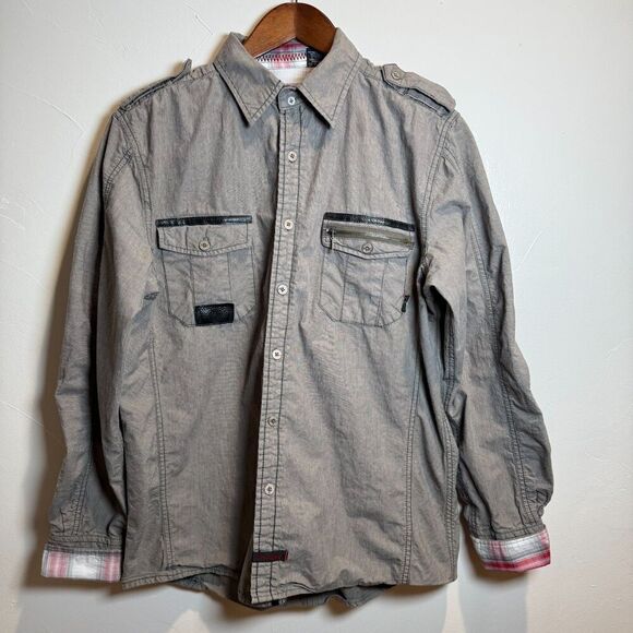 Fender Long Sleeve Button Up Washed Gray Reverse Cuff Men's Shirt Medium *SPOT* - Picture 1 of 16